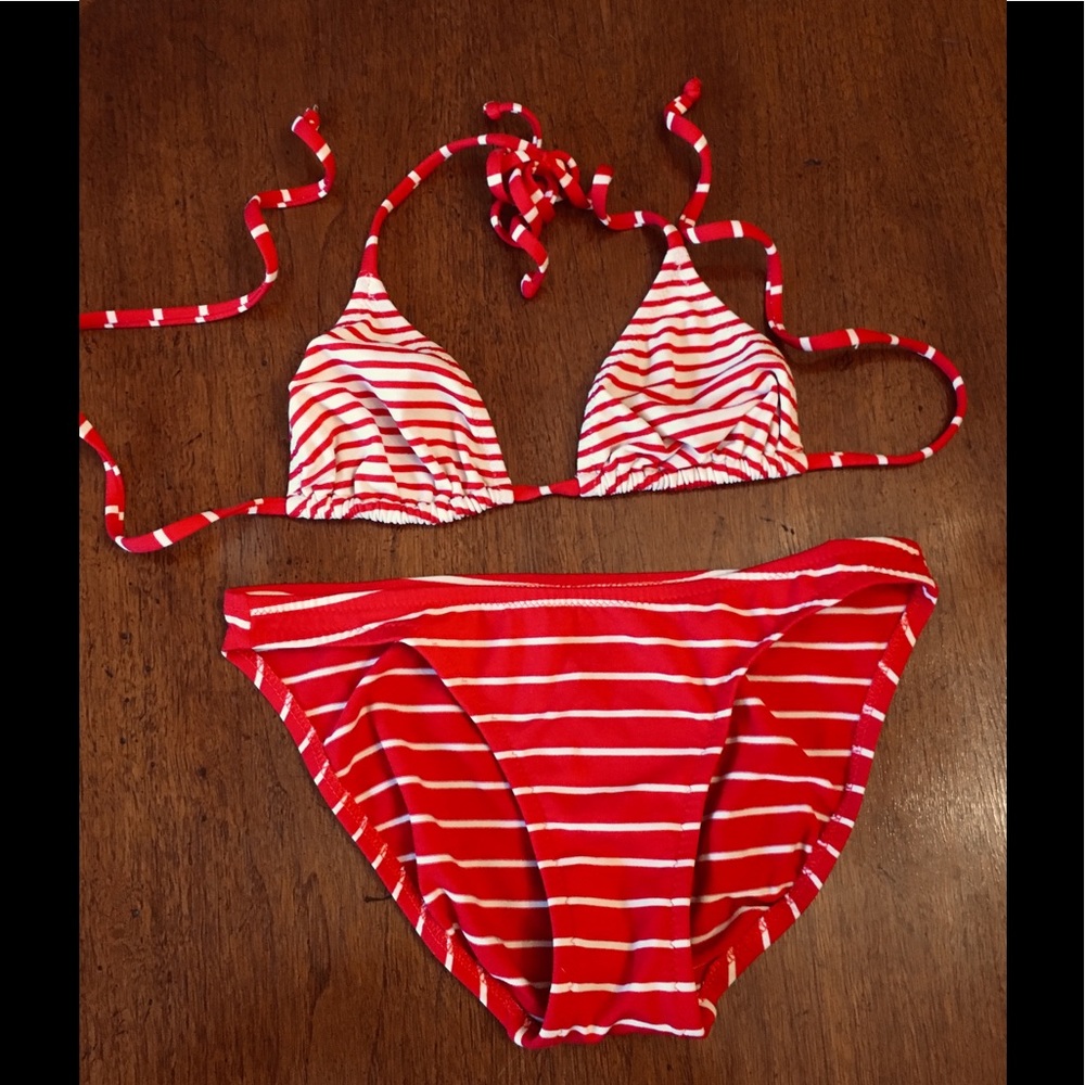 Jcrew red and white striped bikini w/ triangle top